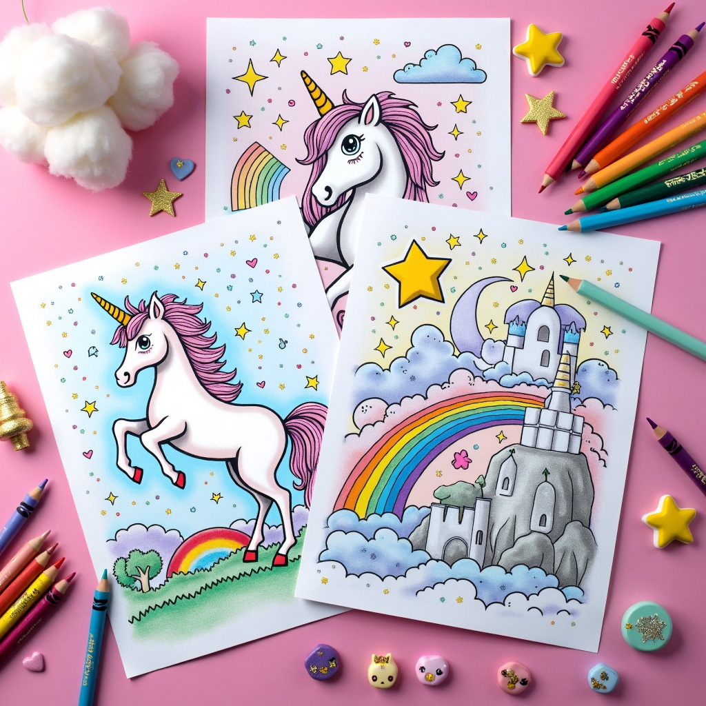 Unicorn coloring sheet with geometric castle and hidden shape puzzles