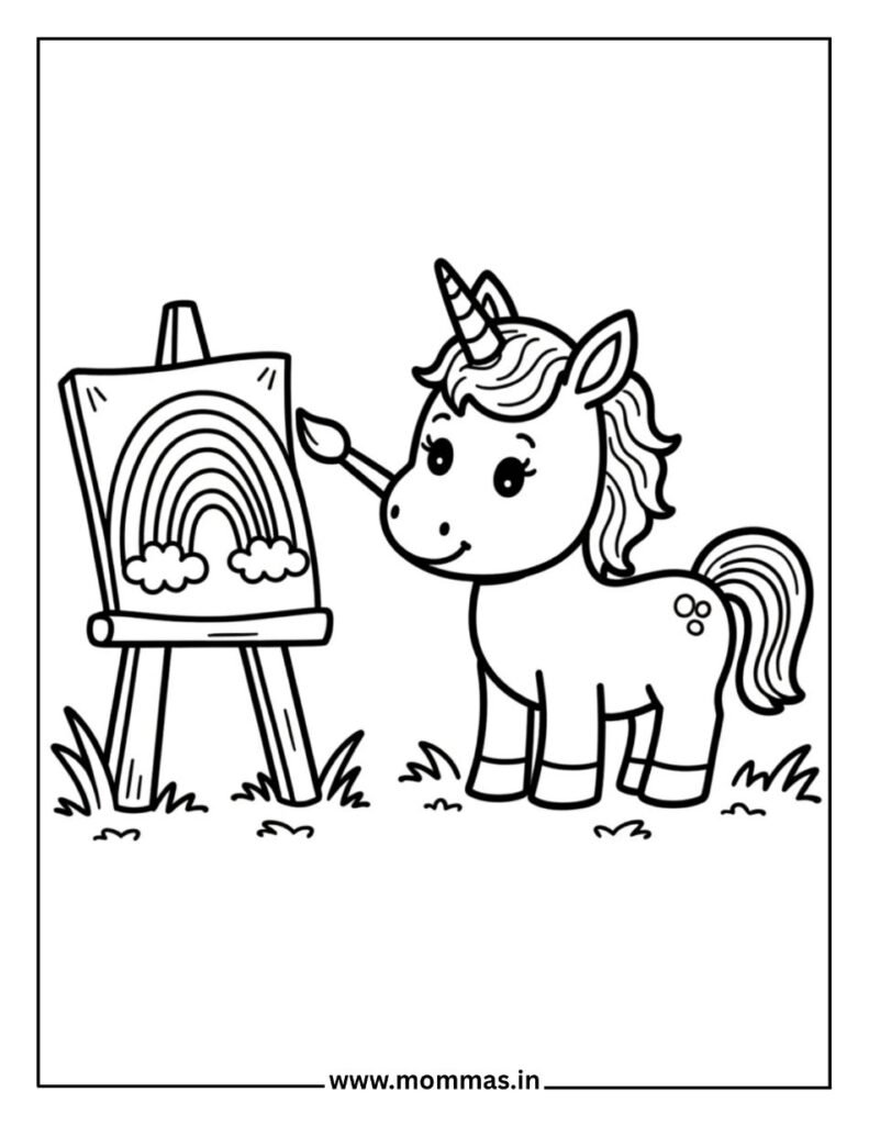 Free unicorn coloring pages featuring artistic unicorn painting rainbow on easel for creativity development.