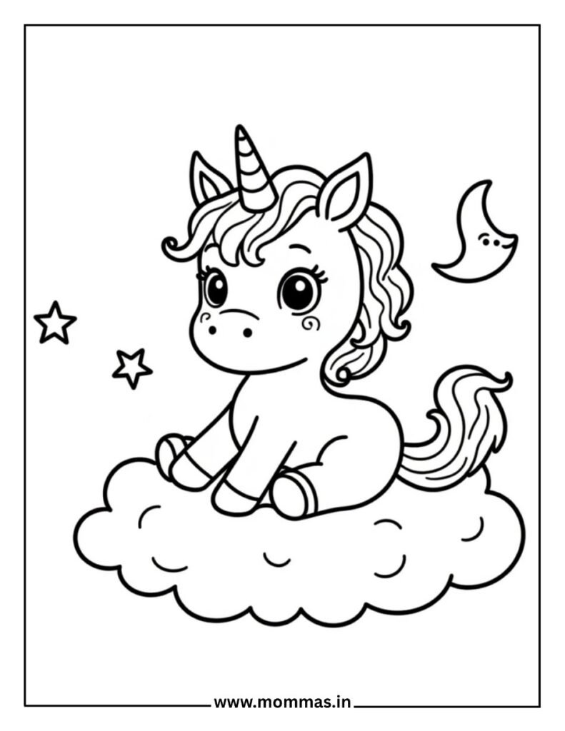 Sweet baby unicorn coloring pages featuring cute unicorn on cloud with stars for toddler creativity development.