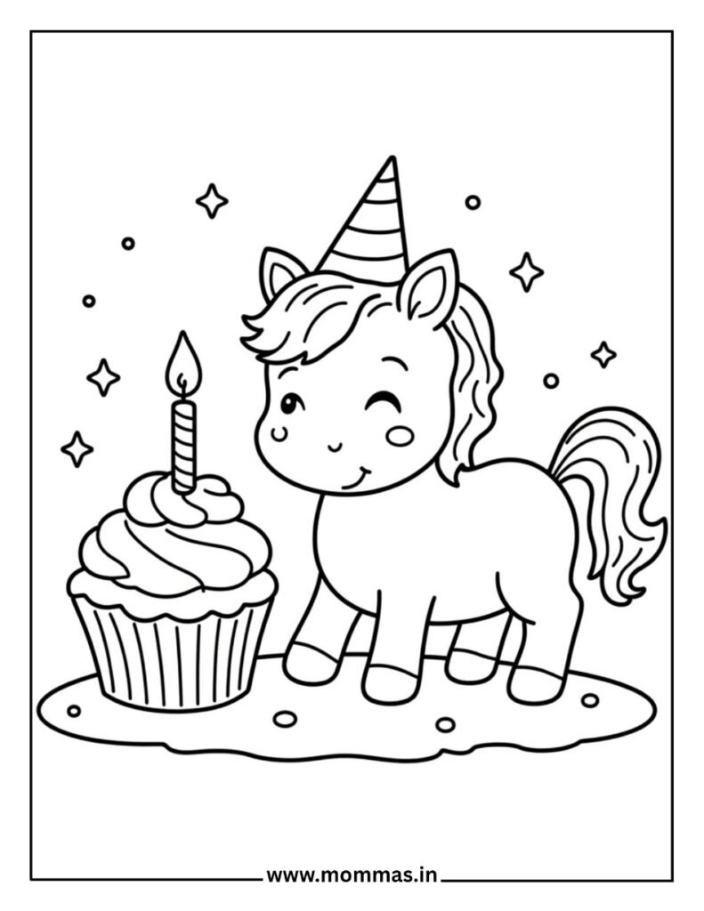 Festive unicorn coloring pages with birthday cupcake and stars, perfect for celebration creativity and party fun.
