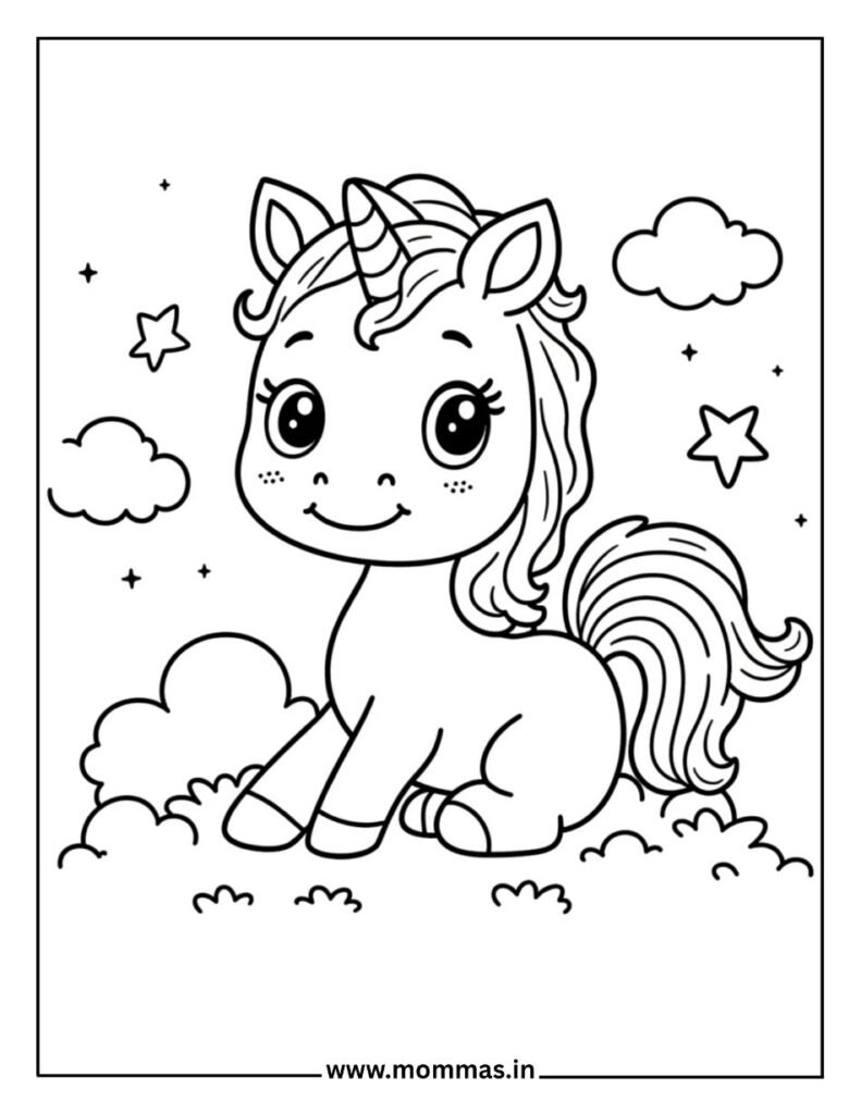 Sweet unicorn coloring pages showing unicorn on clouds with stars, perfect for bedtime creativity and relaxation.