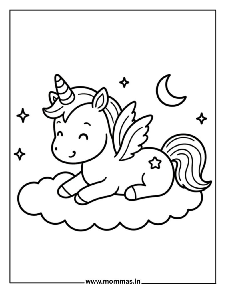 Printable unicorn coloring pages with winged unicorn on cloud, perfect for bedtime creativity and relaxation.