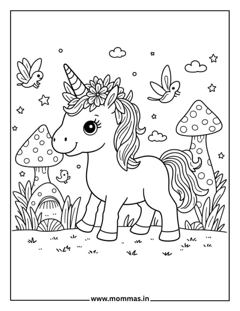 Printable unicorn coloring pages with forest scene featuring mushrooms, butterflies and flowers for nature learning.