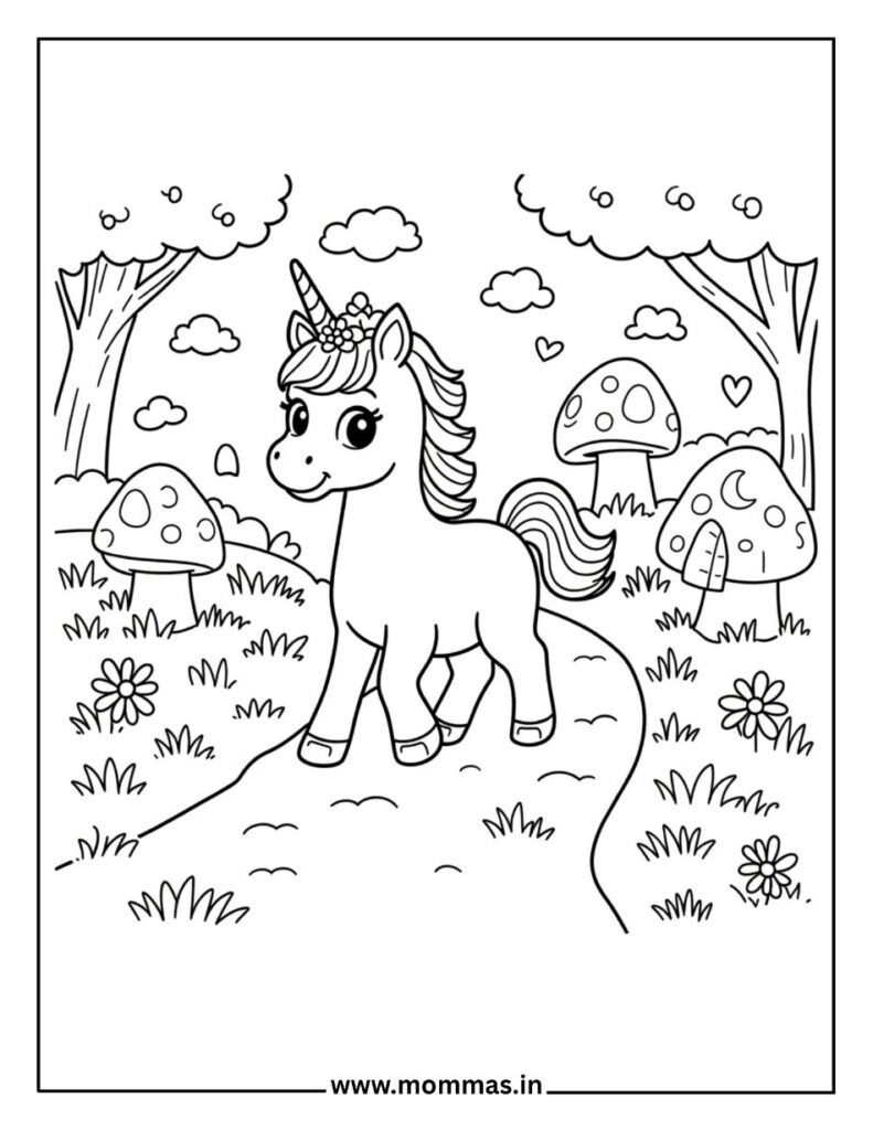 Detailed unicorn coloring pages with forest path, mushrooms and flowers for advanced creativity and nature learning.