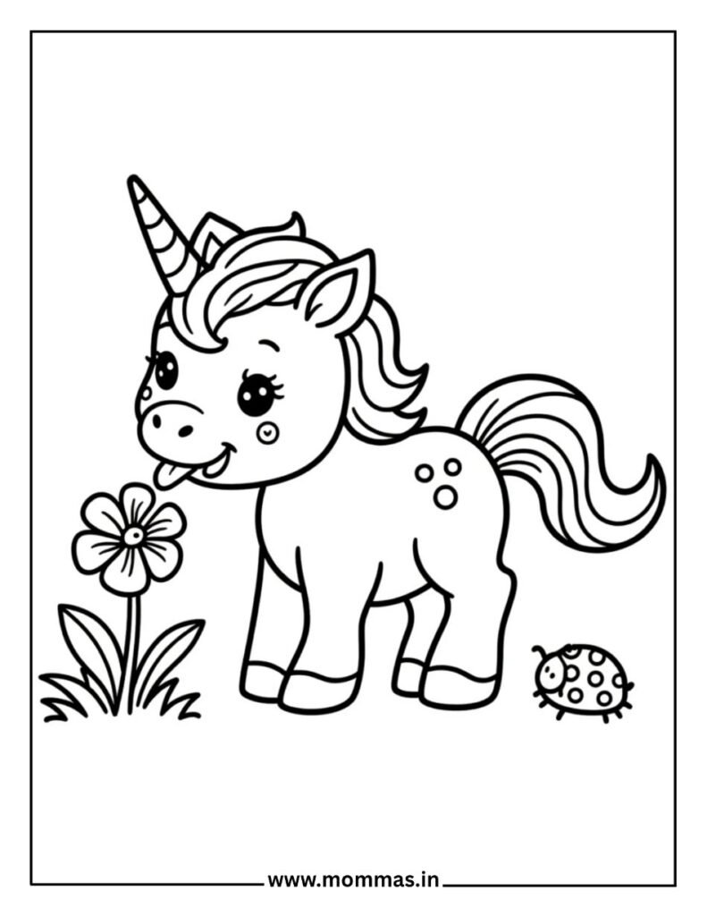 Sweet unicorn coloring pages showing baby unicorn with ladybug and flower, perfect for insect learning activities.