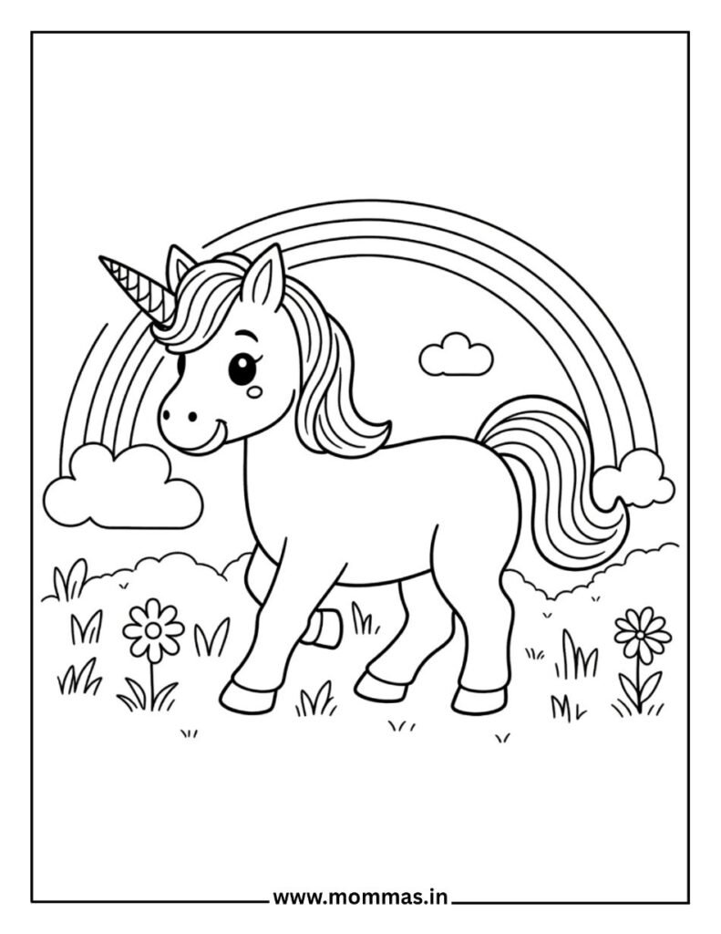 Beautiful unicorn coloring pages with garden rainbow scene and flowers for nature creativity and color learning.