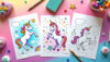 Unicorn coloring sheet with geometric castle and hidden shape puzzles