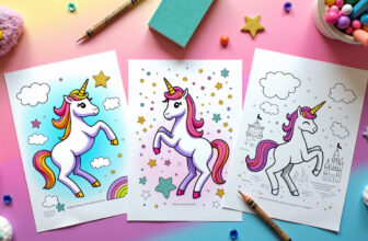 Unicorn coloring sheet with geometric castle and hidden shape puzzles