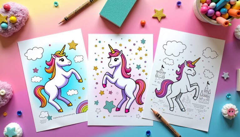 Unicorn coloring sheet with geometric castle and hidden shape puzzles