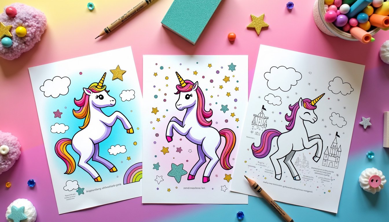 Unicorn coloring sheet with geometric castle and hidden shape puzzles