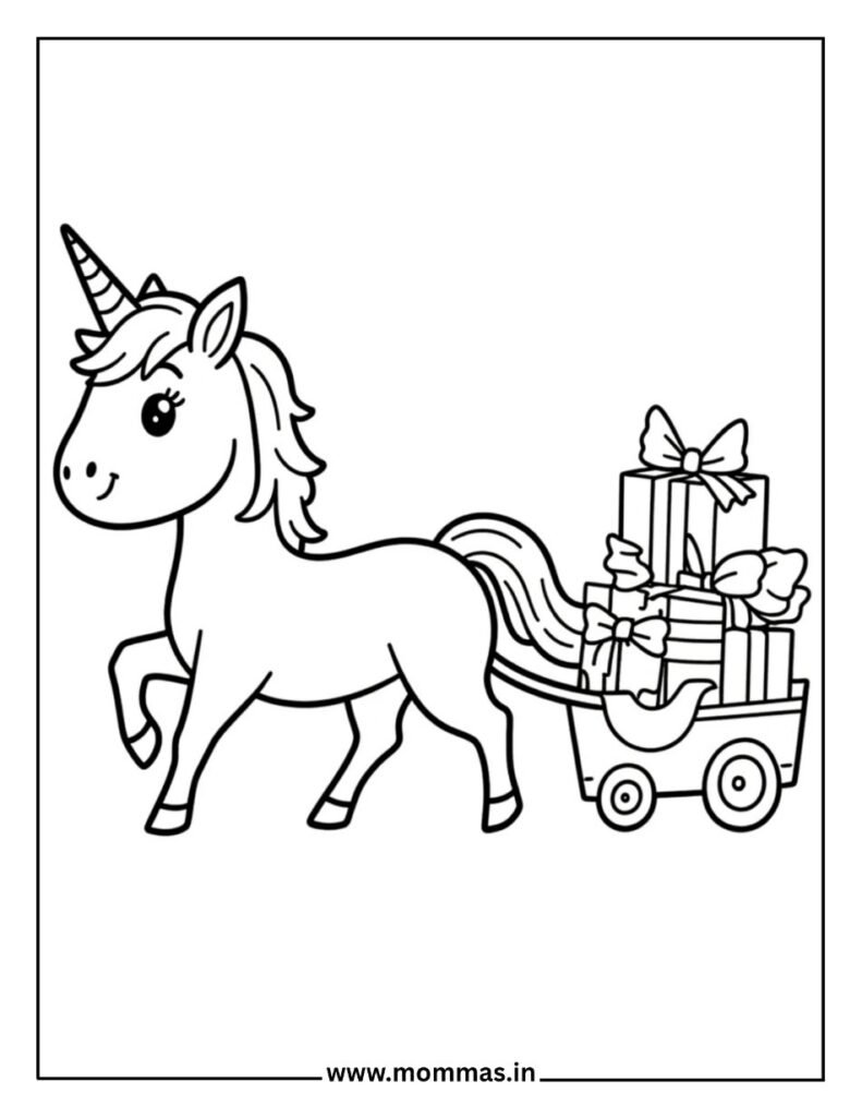 Celebration unicorn coloring pages featuring unicorn with gift cart, perfect for holiday creativity and giving themes.