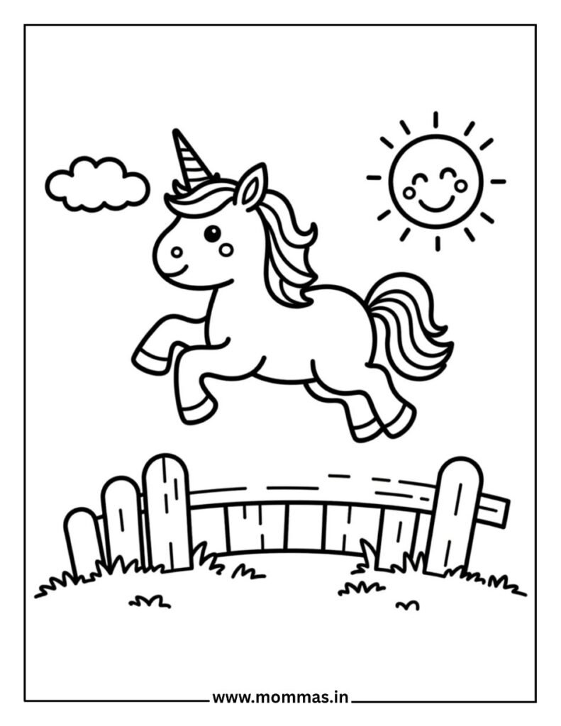 Action-packed unicorn coloring pages showing jumping unicorn with fence, sun and clouds for active learning fun.