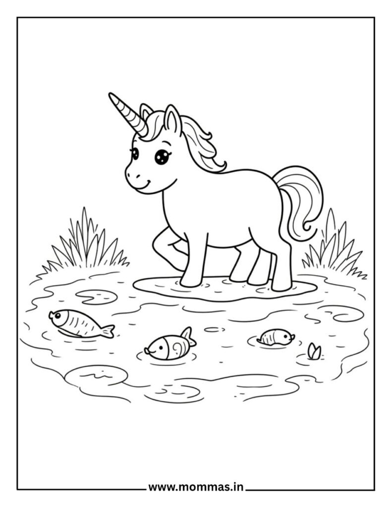 Detailed unicorn coloring pages showing lake scene with swimming fish, perfect for aquatic life education activities.