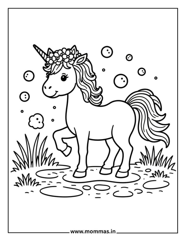Free unicorn coloring pages featuring magical meadow scene with flower crown and floating bubbles for kids.