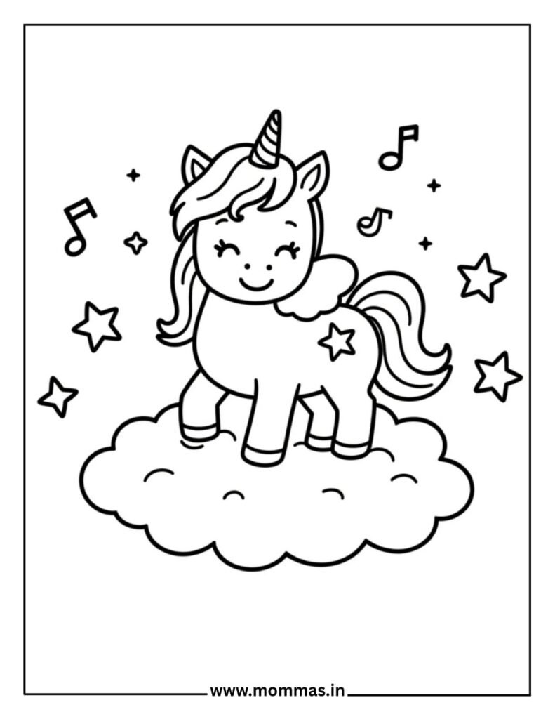 Musical unicorn coloring pages with cloud dancing scene, stars and notes for rhythm and creativity development.