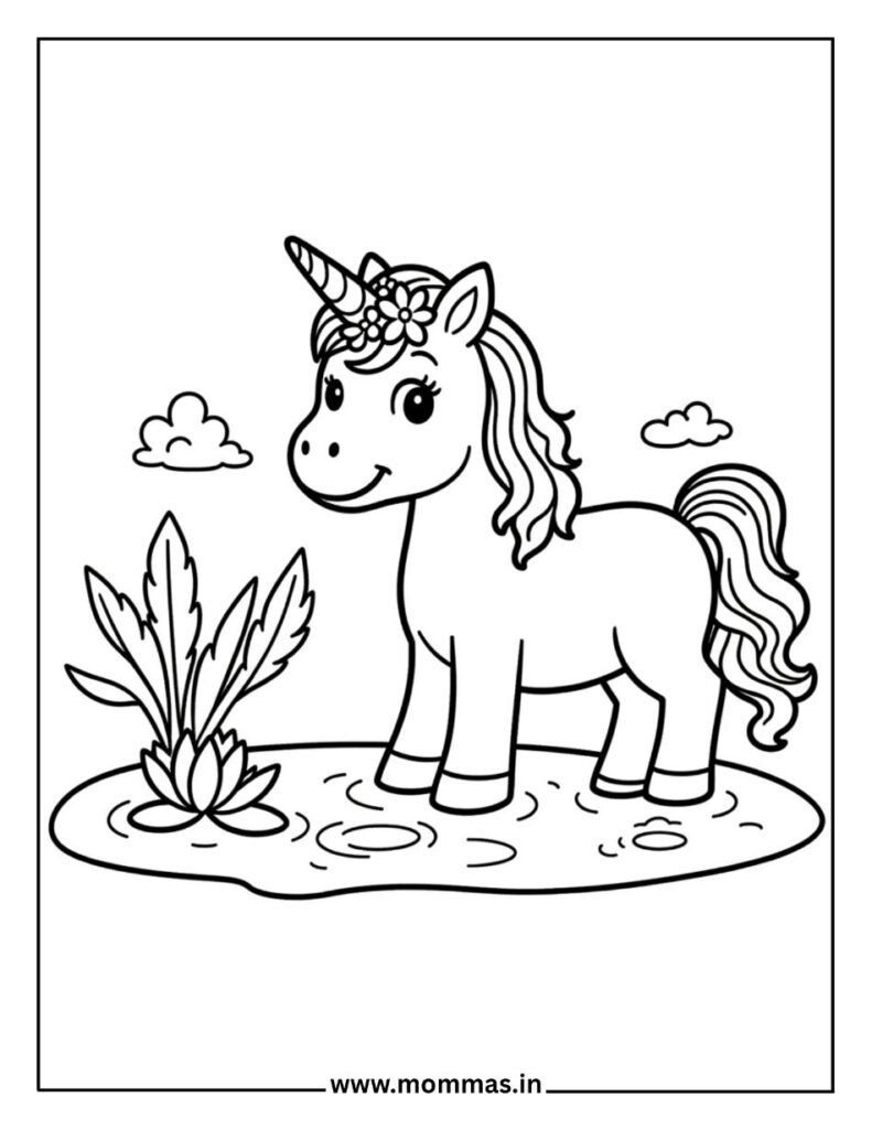 Free unicorn coloring pages featuring pond scene with water lily flowers and clouds for nature creativity.