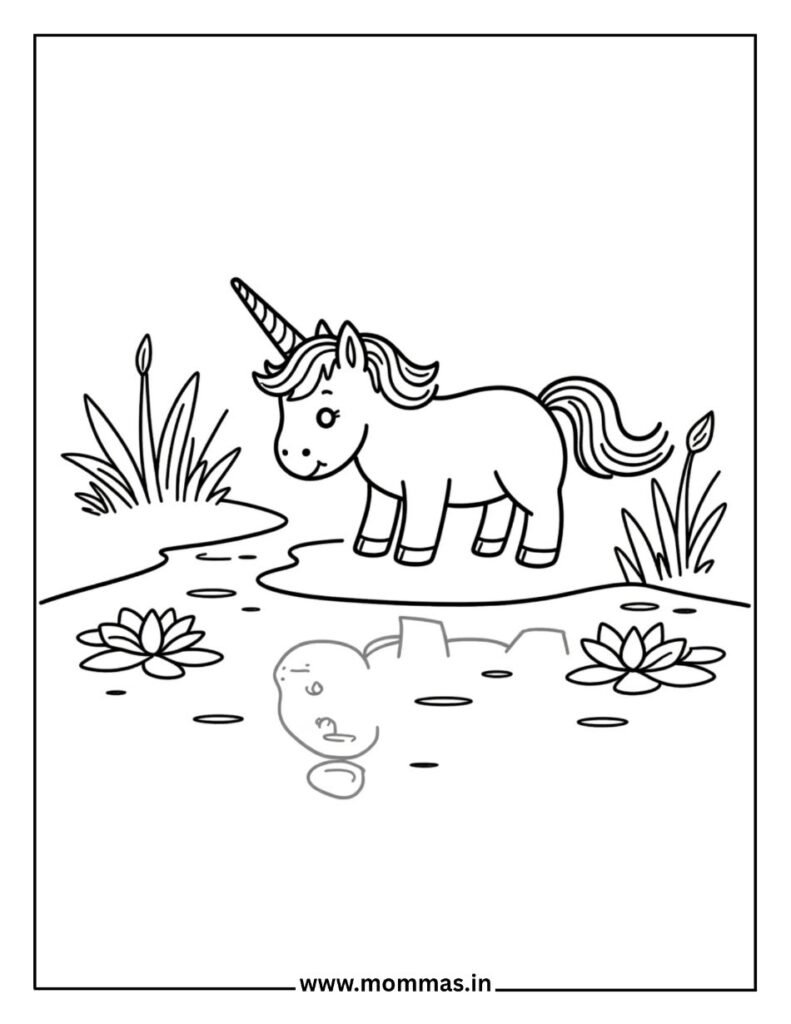 Free unicorn coloring pages featuring pond scene with water lilies and cute frog for nature creativity learning.
