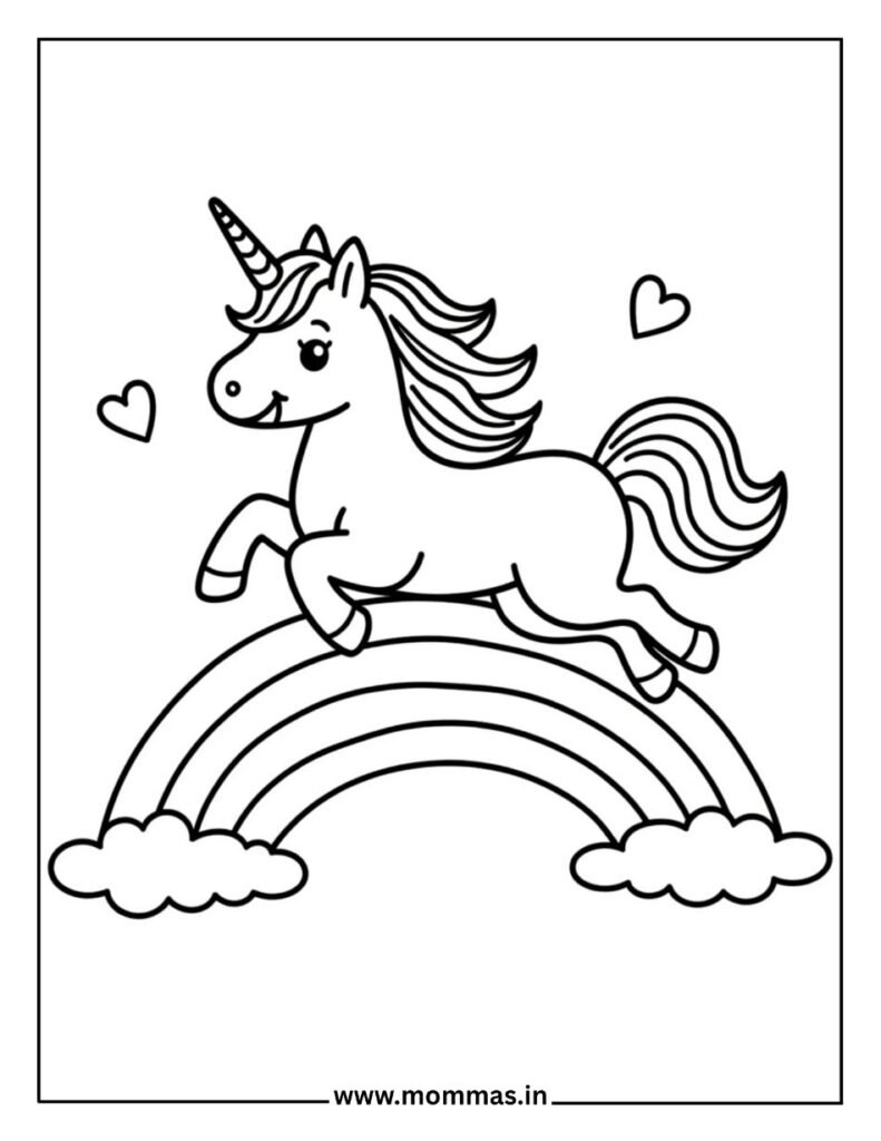 Magical unicorn coloring pages featuring rainbow jumping scene with hearts and clouds for color theory learning.