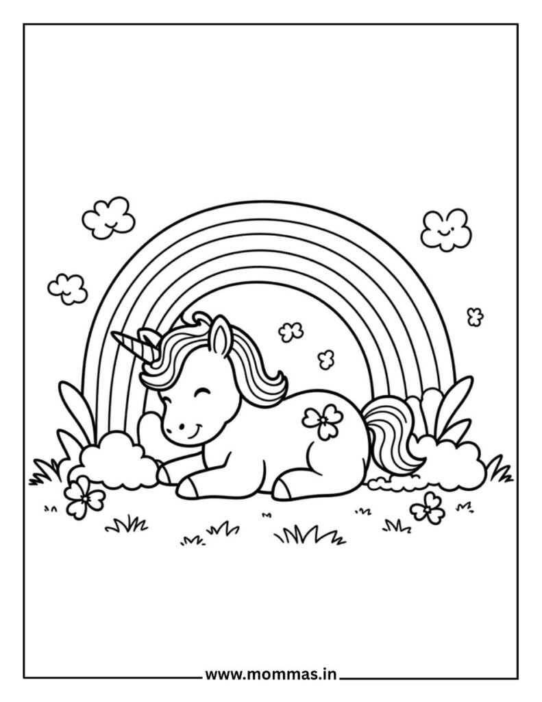 Free unicorn coloring pages featuring rainbow meadow scene with flowers and clouds for creative learning fun.
