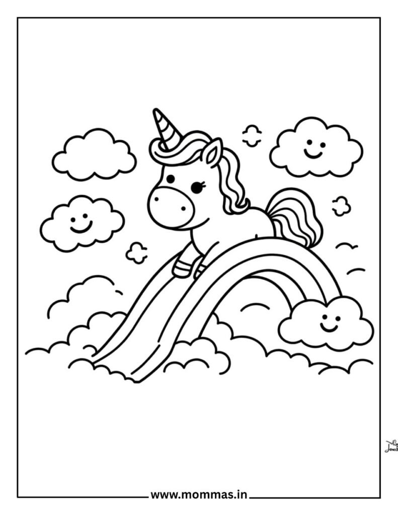 Colorful unicorn coloring pages featuring rainbow slide with happy clouds, perfect for weather and color learning.