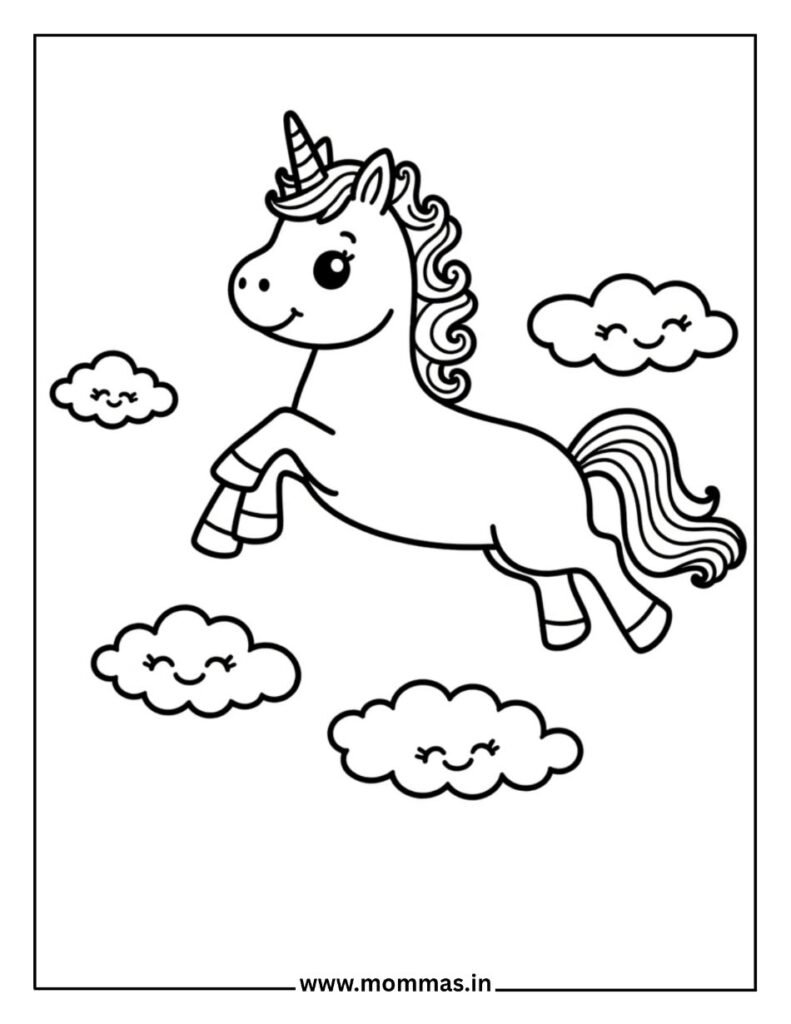 Action unicorn coloring pages showing jumping unicorn with clouds, perfect for movement and sky learning activities.