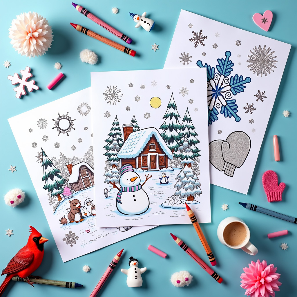 Winter coloring sheet with hidden geometry puzzles in snowman scarf patterns