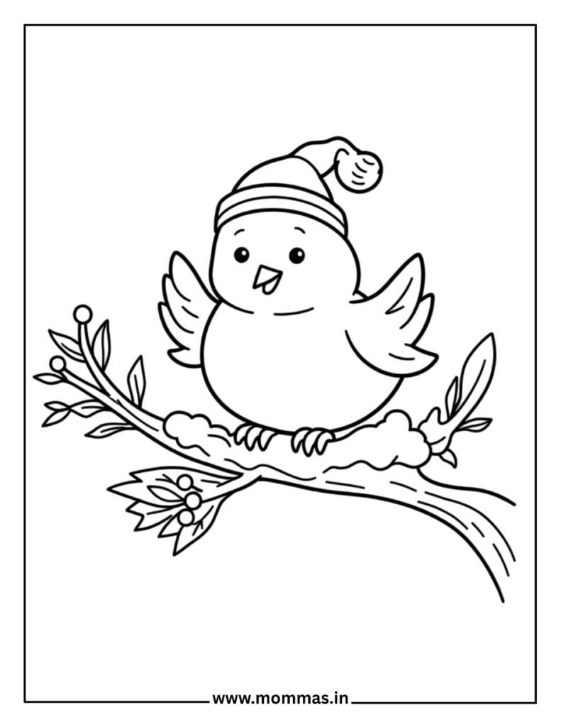 Adorable winter coloring pages featuring bird with winter hat on branch with leaves and clouds for bird themes
