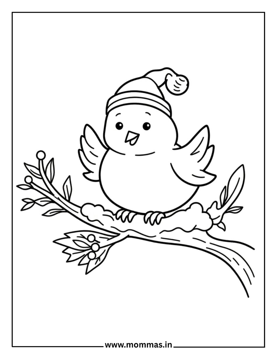 Adorable winter coloring pages featuring bird with winter hat on branch with leaves and clouds for bird themes
