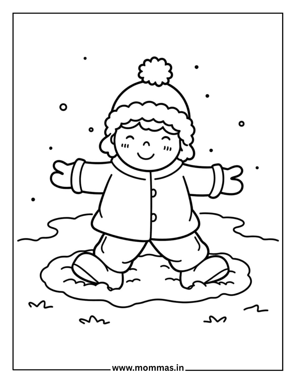 Cute winter coloring pages featuring joyful child with pom-pom hat playing in snow with snowflakes for winter fun