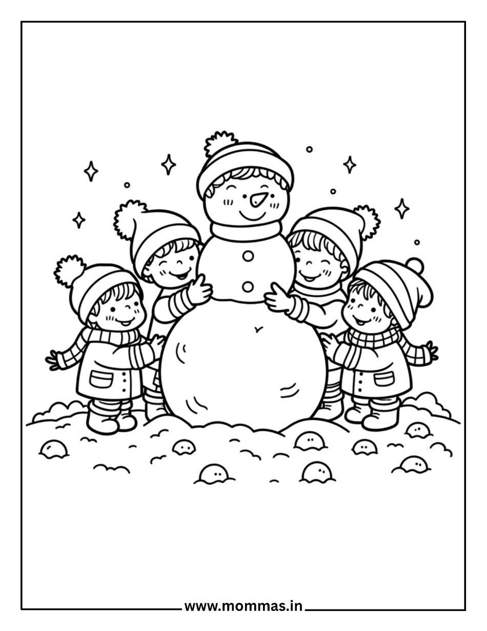 Fun winter coloring pages featuring children building snowman together with winter clothes and stars for teamwork themes