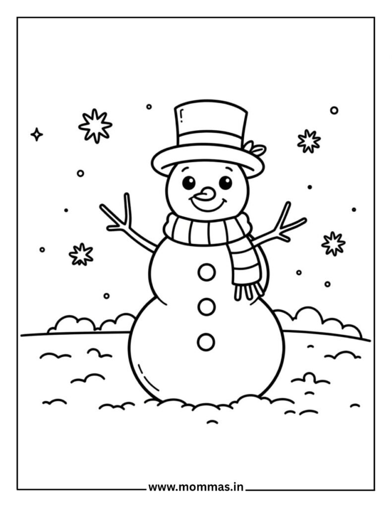 Printable winter coloring pages featuring classic snowman with top hat, scarf and buttons surrounded by snowflakes