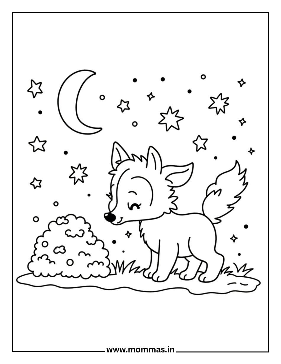 Beautiful winter coloring pages featuring fox cub under moon and stars with bushes for peaceful night themes