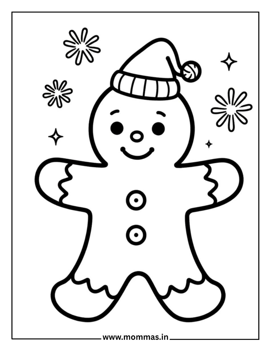 Printable winter coloring pages featuring gingerbread man with winter hat, snowflakes and stars for holiday fun