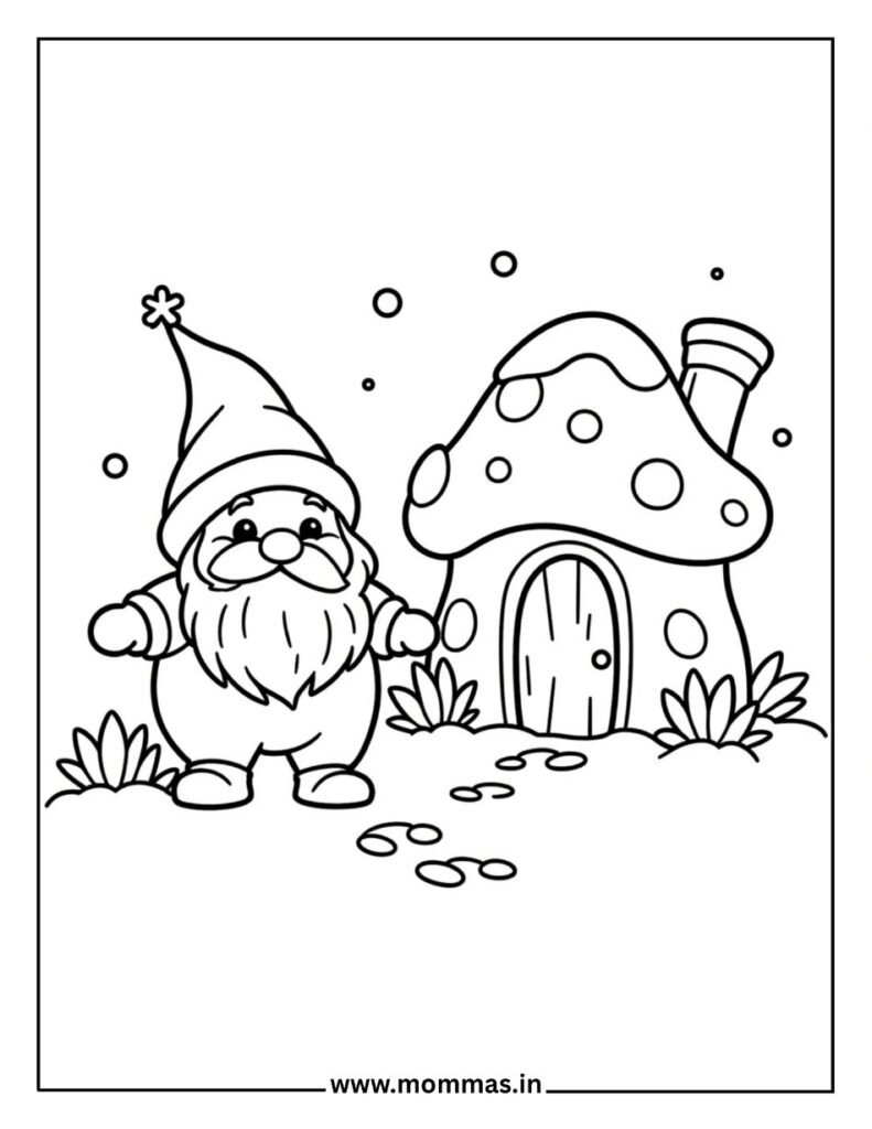 Magical winter coloring pages featuring garden gnome with hat and mushroom house with spots for fantasy themes