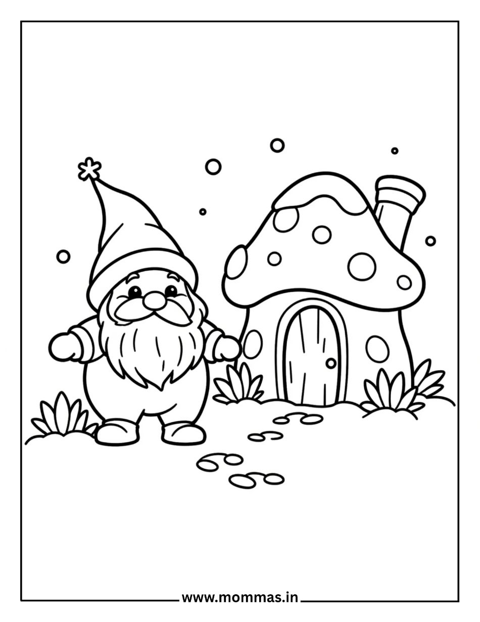 Magical winter coloring pages featuring garden gnome with hat and mushroom house with spots for fantasy themes