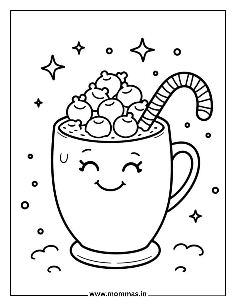 Cute winter coloring pages featuring happy mug with face, marshmallows and candy cane for cheerful winter themes