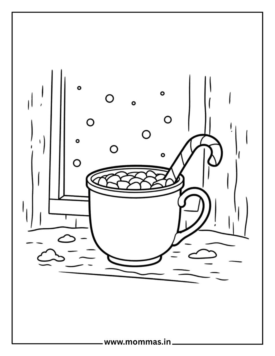 Cozy winter coloring pages featuring hot chocolate mug with marshmallows, candy cane and steam for warming themes
