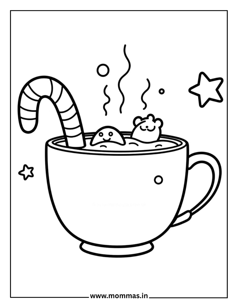 Printable winter coloring pages featuring hot chocolate mug with marshmallows, candy cane and steam for cozy themes
