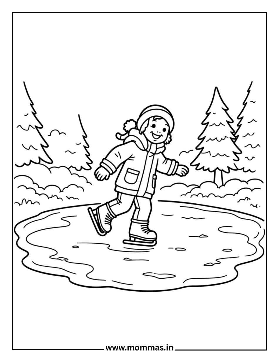 Printable winter coloring pages featuring child ice skating in forest with evergreen trees and snow for winter sports fun