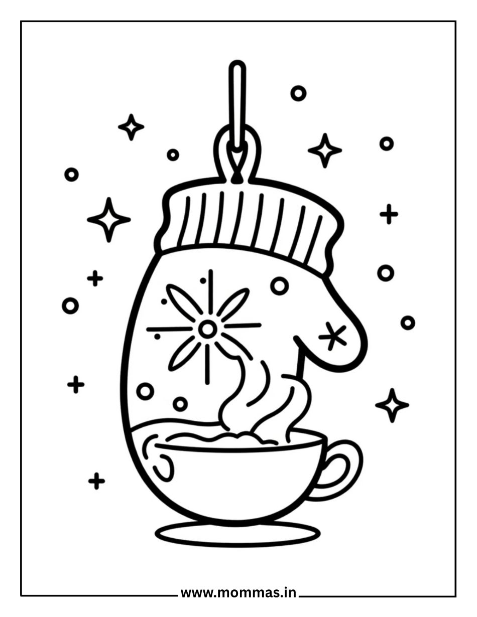 Cozy winter coloring pages featuring decorated mitten with snowflake pattern, hot cocoa and stars for warmth themes