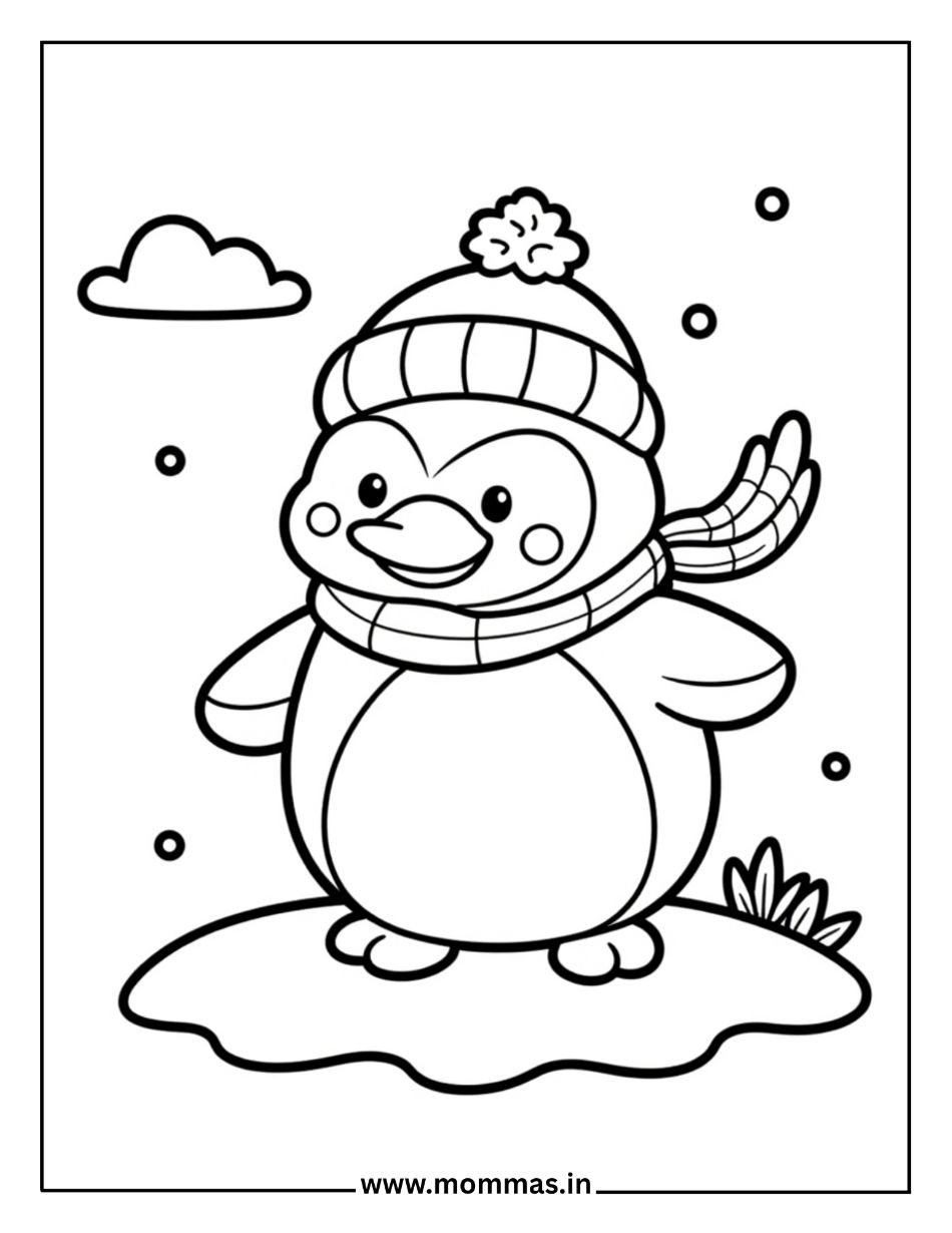 Cute winter coloring pages featuring happy penguin with winter hat, pom-pom and scarf on snow for arctic themes