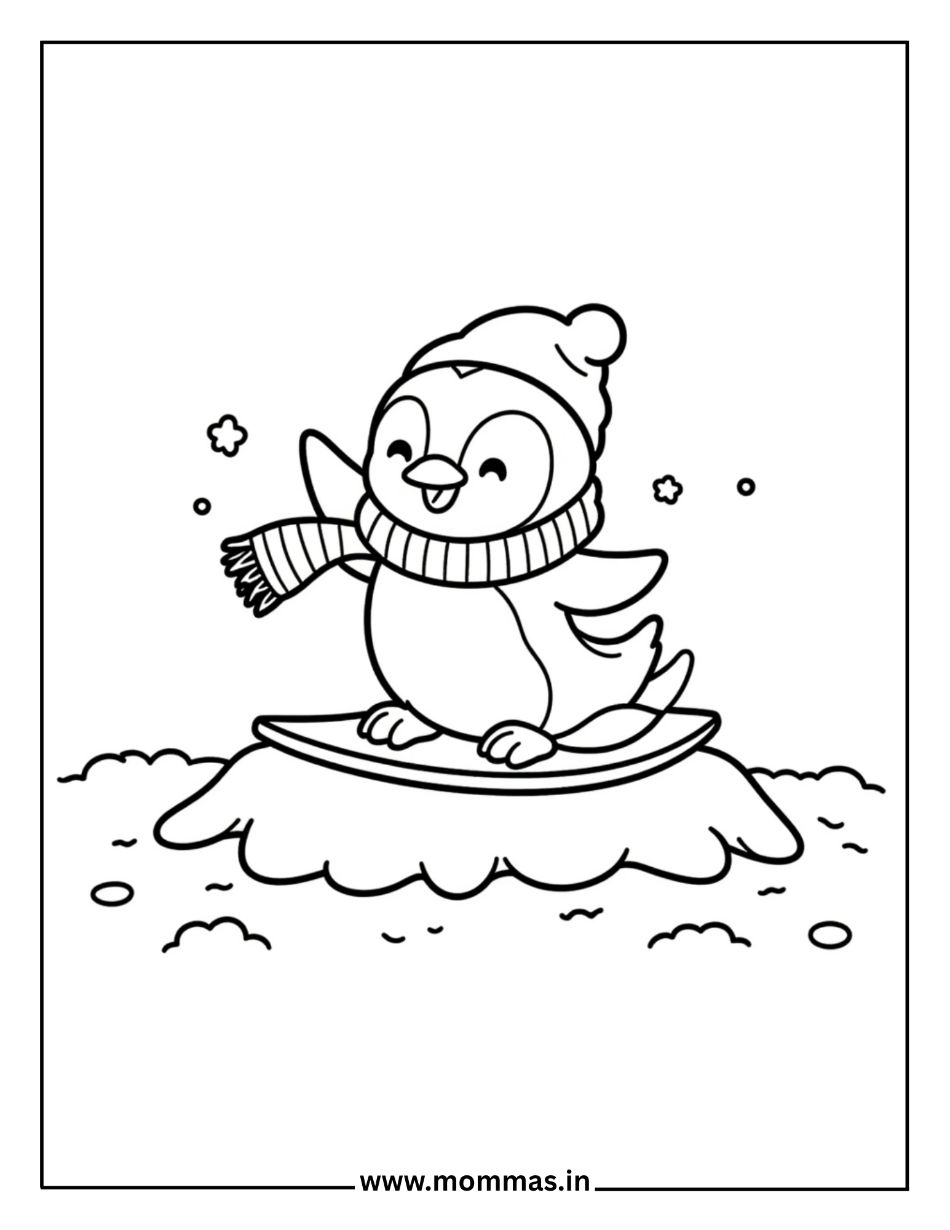 Adorable winter coloring pages featuring penguin with winter hat and scarf on ice with stars for arctic themes