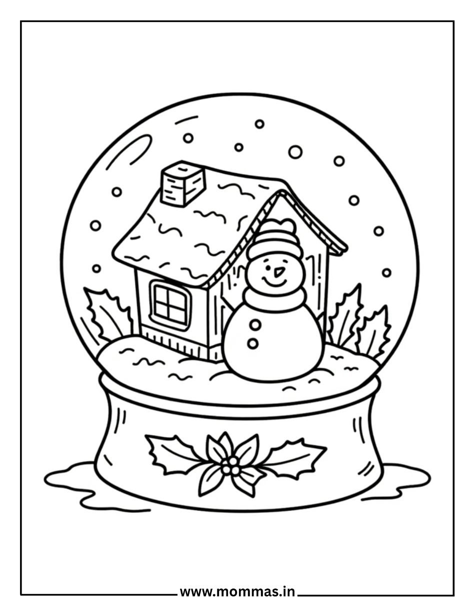 Magical winter coloring pages featuring snow globe with snowman, house and holly decorations for winter wonderland themes