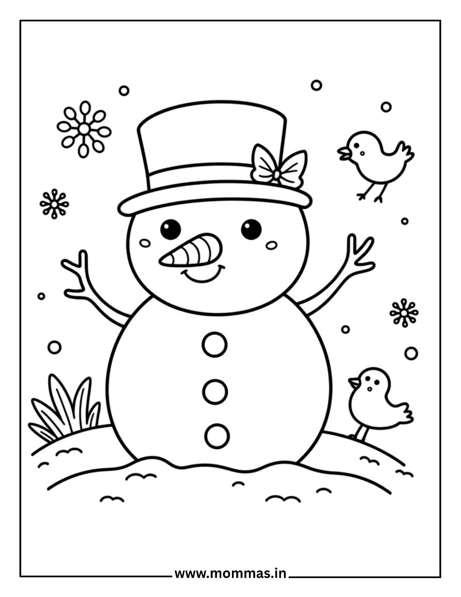 Friendly winter coloring pages featuring happy snowman with top hat and bird friends surrounded by snowflakes