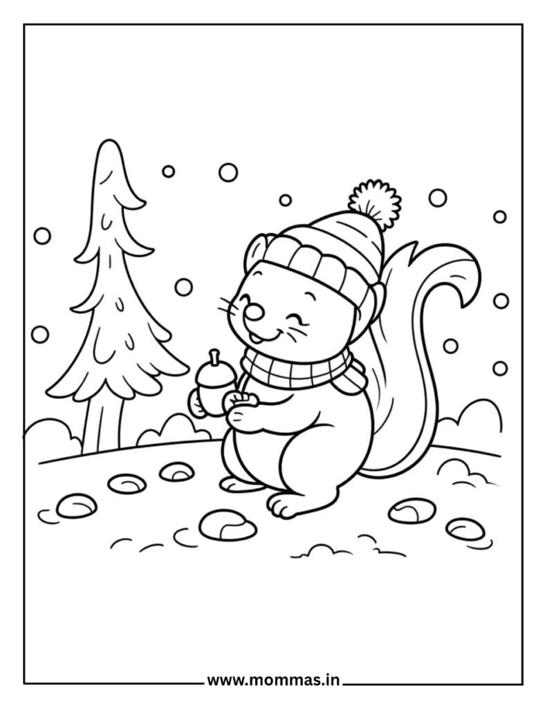 Cute winter coloring pages featuring squirrel with hat, scarf and acorn by tree in snow for winter animal themes
