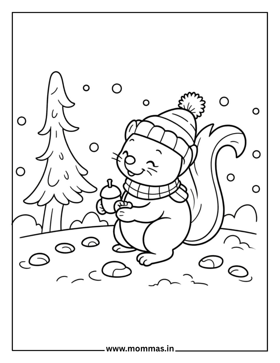 Cute winter coloring pages featuring squirrel with hat, scarf and acorn by tree in snow for winter animal themes