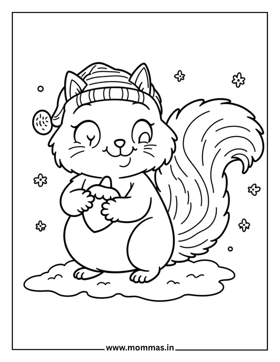 Cute winter coloring pages featuring squirrel with winter hat, scarf and acorn surrounded by snowflakes for animal themes