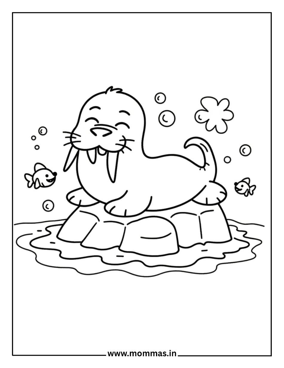 Printable winter coloring pages featuring happy walrus with fish friends, bubbles and flower for arctic animal themes