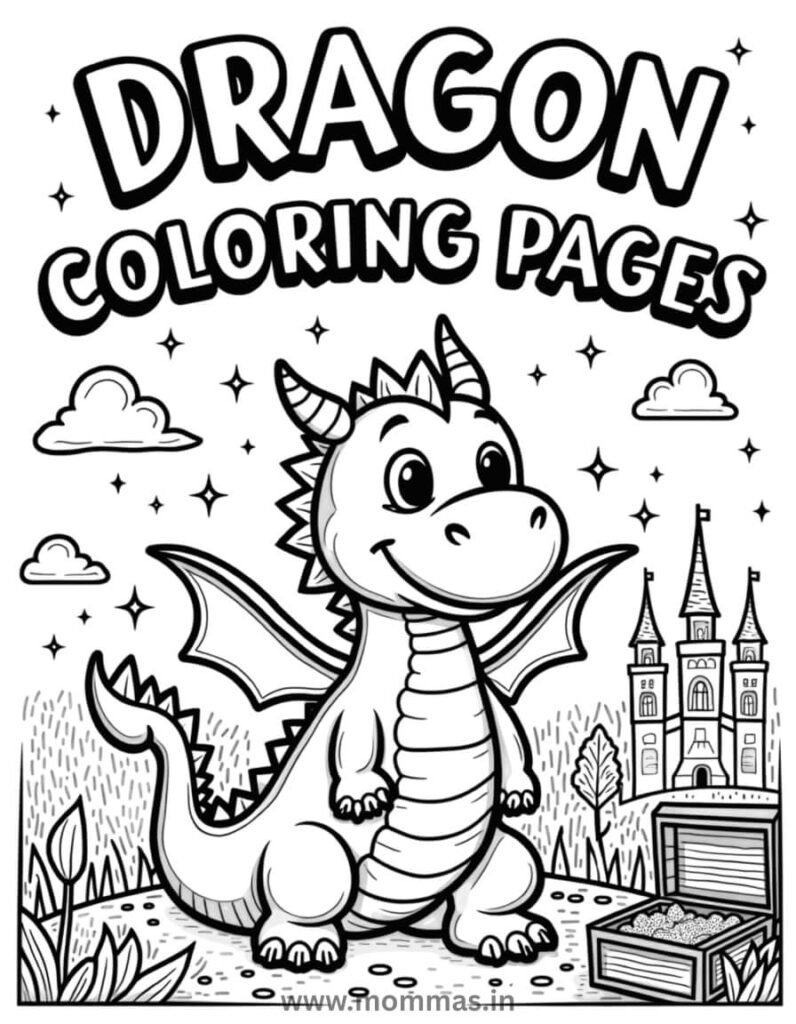 Printable dragon coloring pages for kids with fantasy backgrounds