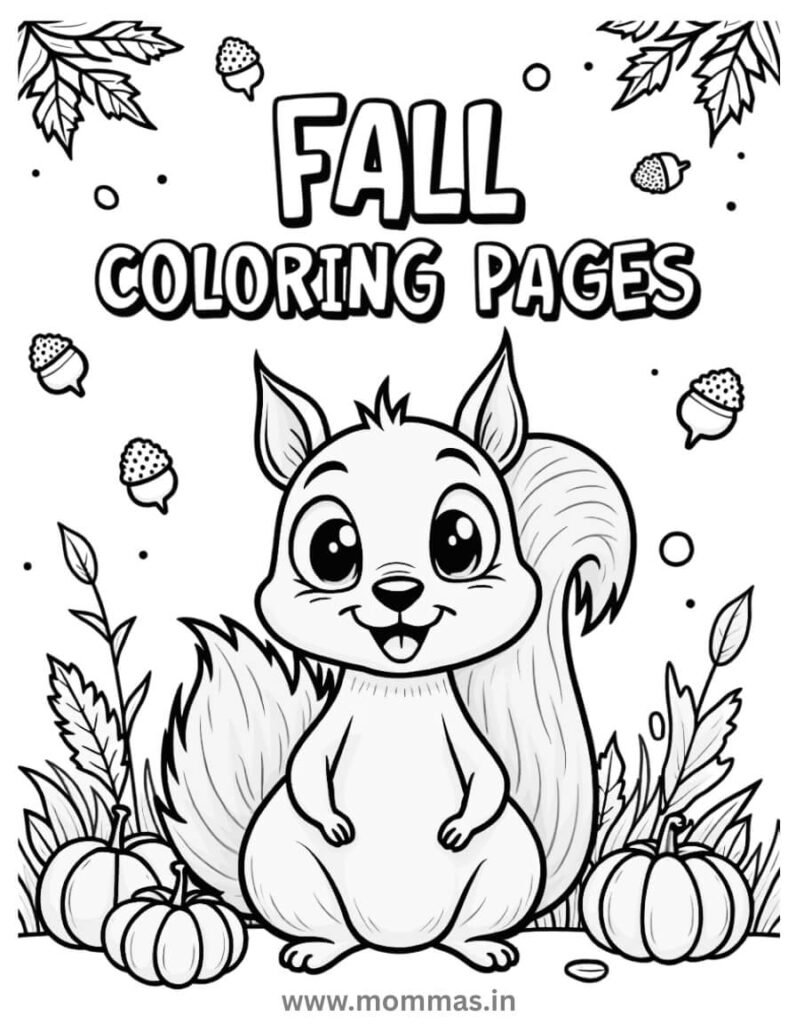 Colorful collection of fall coloring pages featuring autumn leaves, pumpkins, acorns, and cozy seasonal scenes for kids to print and color